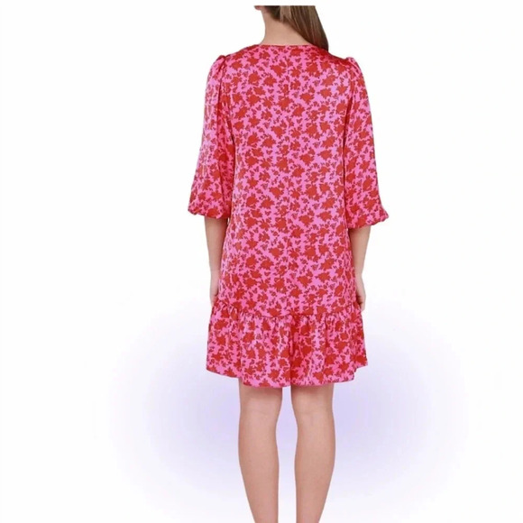 Dex light satin 3/4 puff sleeves V neck Floral Ruffled Hem midi dress Sz XL - Picture 17 of 17